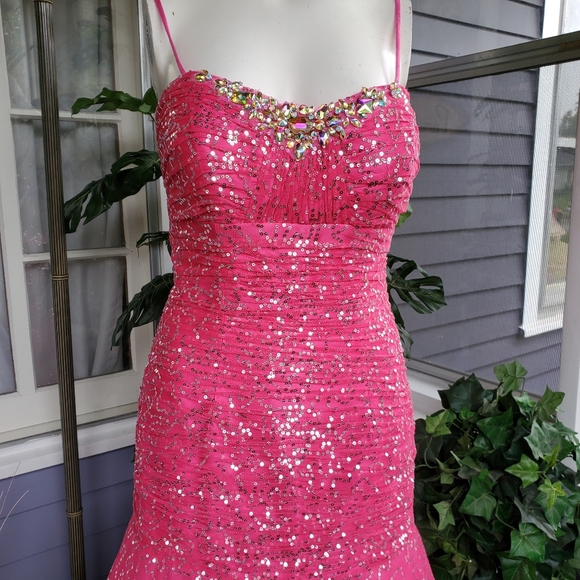 Tiffany Designs Pink Chiffon Sequined Rhinestones Mermaid Pageant / Prom Dress - Picture 11 of 15